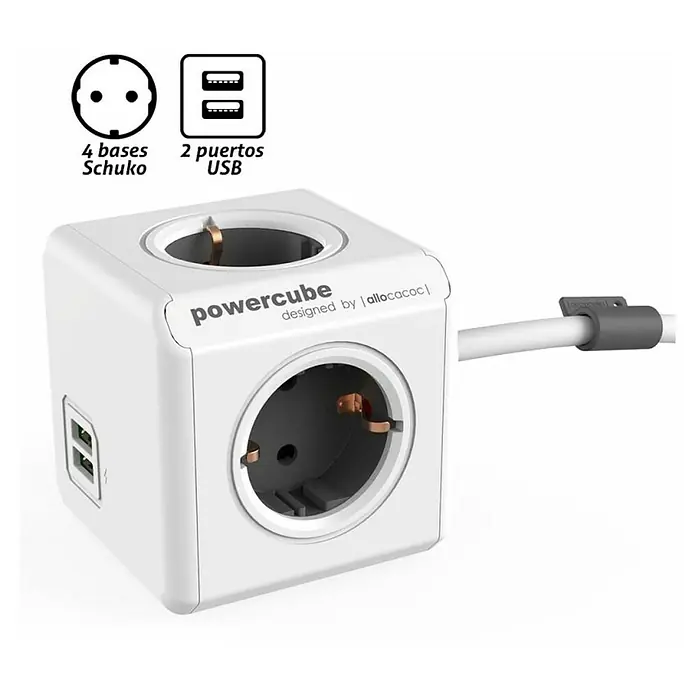 Cubo con enchufes Powercube - x 4, Gris, 1,5 m - Powercube con cuatro enchufes Schuko y dos puertos USB para una alimentación versátil de dispositivos electrónicos.