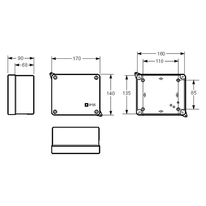 Famatel Caja de superficie estanca - L x An x Al: 16 x 13,5 x 8,3 cm, Colocar - Ilustración de un plano técnico de una caja IP55, mostrando varias dimensiones.