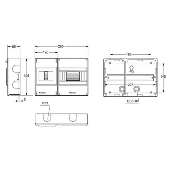 Famatel Cuadro eléctrico de superficie ICP32 - Número de hileras: 1 ud., 28,4 x 5,5 cm, Blanco, Número de módulos: 8 ud. - Dibujo técnico de una caja de fusibles con dimensiones para la instalación y especificaciones de diseño.