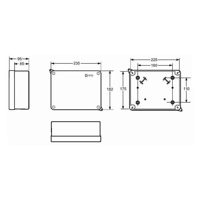 Famatel Caja de superficie - 22 x 17 x 8,5 cm, En pared, IP55 - Vista esquemática de una caja rectangular IP55 impermeable con medidas detalladas de sus dimensiones externas y los orificios de montaje.