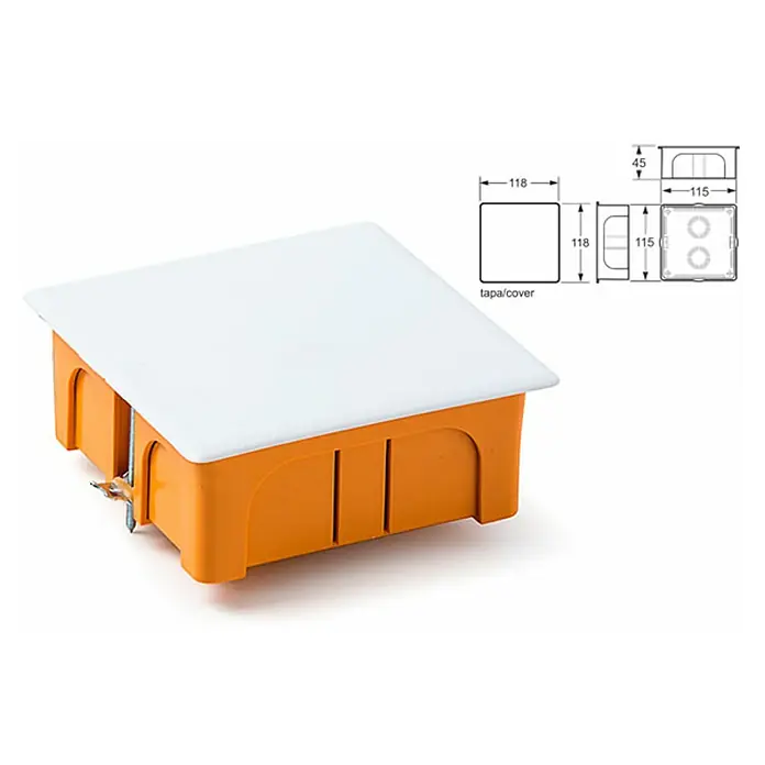 Famatel Caja de empotrar con tapa para pladur - 10 x 10 x 4,5 cm, Empotrado, Naranja - Caja de instalación de superficie con tapa y dimensiones en naranja y blanco para instalaciones eléctricas.