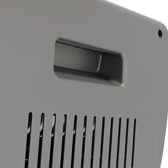 Voltomat HEATING Quarzheizstrahler - 30 x 14 x 33,5 cm, 800 W, Grau - Nahaufnahme einer grauen Metallbox mit Griff und Lüftungsschlitzen, die ein robustes und funktionales Design aufweist.