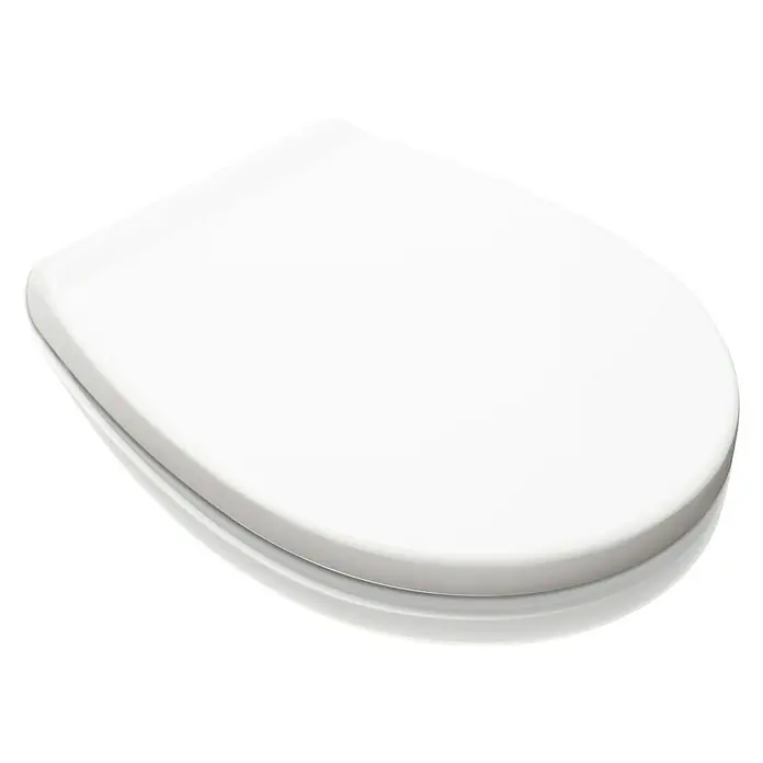 Tatay Tapa de WC Optima - Plástico, Blanco, Con caída amortiguada - Primer plano de un asiento de inodoro de plástico blanco con bordes redondeados sobre un fondo blanco.