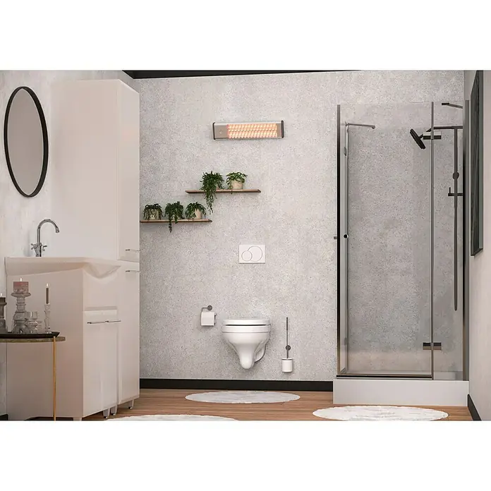 Voltomat HEATING Quarzheizstrahler - 14 x 60 x 13 cm, 1.200 W, Chrom - Badezimmer-Interieur mit modernem Waschtisch, Spiegel und Dusche. Die weiße Einrichtung harmoniert mit dem grauen Hintergrund.