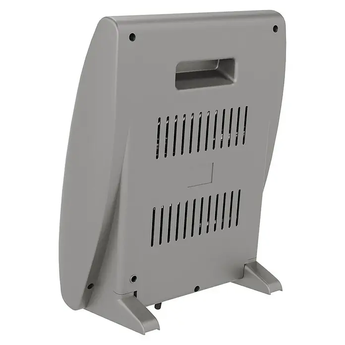 Voltomat HEATING Quarzheizstrahler - 30 x 14 x 33,5 cm, 800 W, Grau - Rückansicht eines grauen Heizlüfters mit Lüftungsschlitzen und Griffmulde. Das Gerät steht auf zwei Füßen.