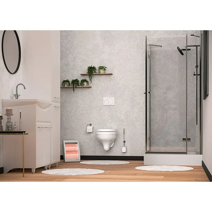 Voltomat HEATING Quarzheizstrahler - 30 x 14 x 33,5 cm, 800 W, Grau - Badezimmeransicht mit Dusche, Toilette, Waschbecken und Spiegel in einem modern eingerichteten Raum.