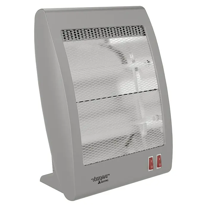 Voltomat HEATING Quarzheizstrahler - 30 x 14 x 33,5 cm, 800 W, Grau - Eine Nahaufnahme eines Voltomat Heizgeräts mit zwei Schaltern und einem schützenden Gitter, ideal für schnelle Wärme.