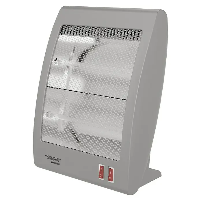 Voltomat HEATING Quarzheizstrahler - 30 x 14 x 33,5 cm, 800 W, Grau - Abbildung eines grauen VOLTOMAT Heizstrahlers mit Schutzgitter und zwei Schaltern, der Wärme und Sicherheit bietet.