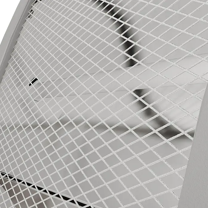 Voltomat HEATING Quarzheizstrahler - 30 x 14 x 33,5 cm, 800 W, Grau - Nahaufnahme eines weißen Metallgitters, das ein modernes, minimalistisches Design für Möbel oder industrielle Anwendungen zeigt.