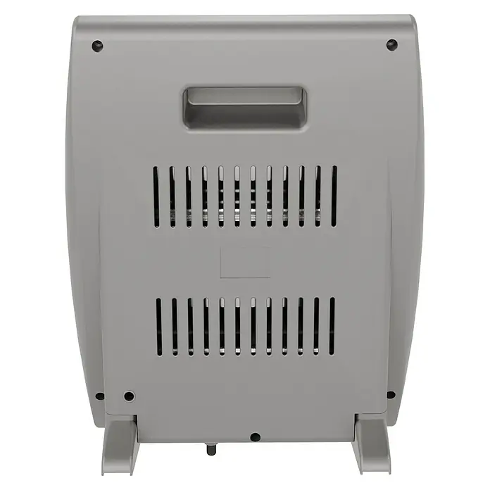Voltomat HEATING Quarzheizstrahler - 30 x 14 x 33,5 cm, 800 W, Grau - Rückansicht eines grauen Aktenvernichters mit Lüftungsschlitzen und Griff für einfachen Transport.