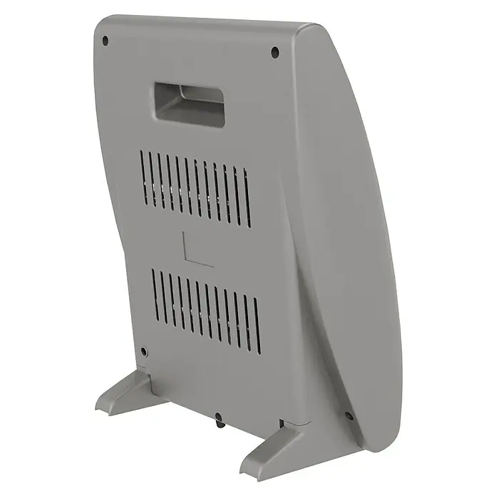 Voltomat HEATING Quarzheizstrahler - 30 x 14 x 33,5 cm, 800 W, Grau - Rückansicht eines grauen tragbaren Heizlüfters mit Lüftungsschlitzen zur Wärmeabgabe und einem Tragegriff für einfachen Transport.
