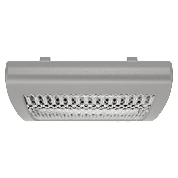 Voltomat HEATING Quarzheizstrahler - 30 x 14 x 33,5 cm, 800 W, Grau - Nahaufnahme einer grauen Dunstabzugshaube mit einem Gitter für die Belüftung, die für Küchen entworfen wurde und eine moderne Ästhetik besitzt.