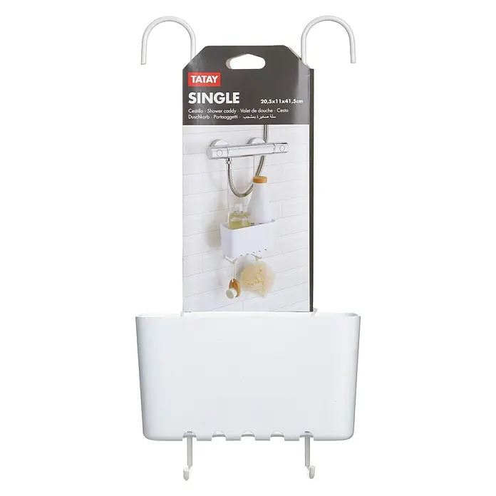 Tatay Standard Cesta de baño colgante - L x An x Al: 20,5 x 41,5 x 11 cm, blanco - Cesta de ducha blanca con ganchos para colgar productos de baño, ideal para ducha o bañera.