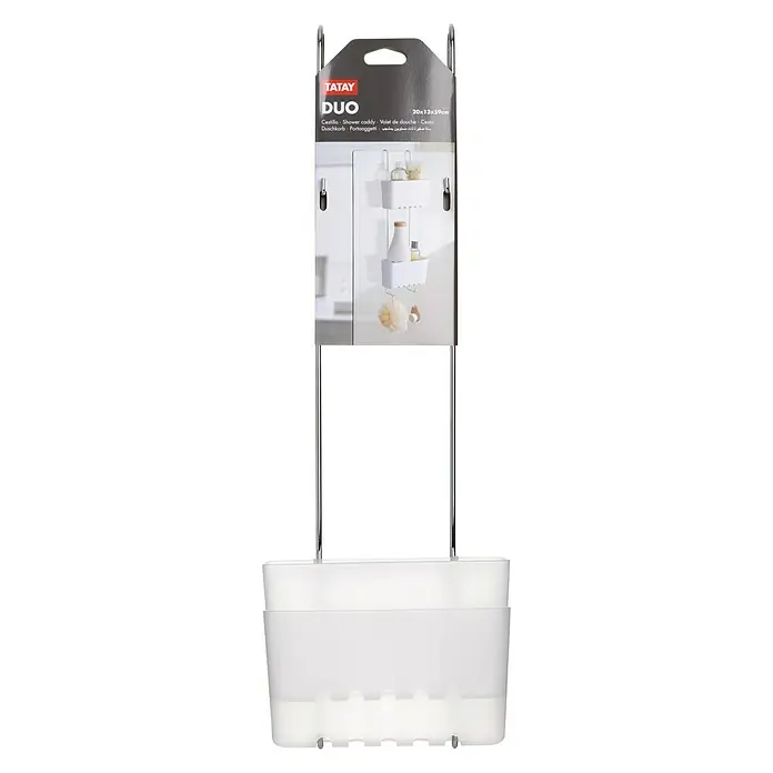Tatay Standard Cesta de baño doble - 13 x 20 x 59 cm, Blanco - En la imagen se muestra una cesta de ducha Tatay Duo con dos estantes, ideal para guardar los elementos esenciales de la ducha y mantener tu baño organizado.