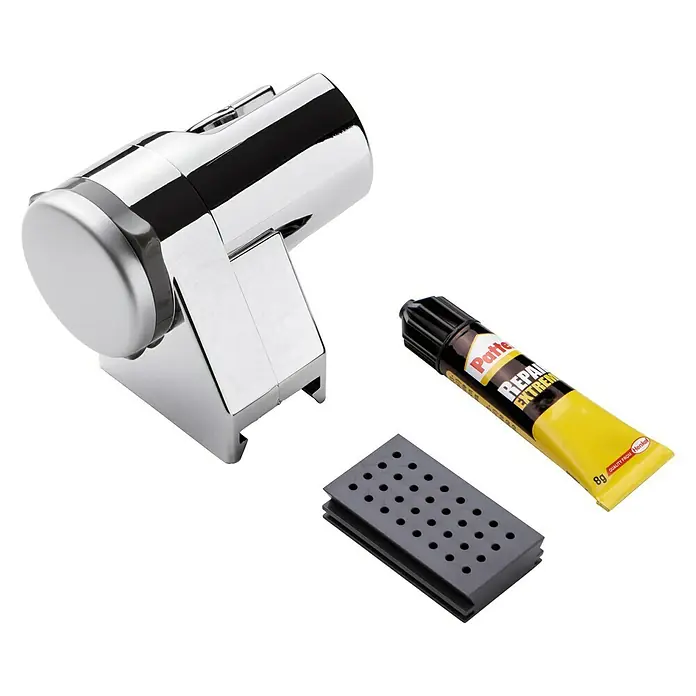 Tatay Soporte de ducha + Glue & Fix - Cromo - Imagen de una bisagra de ducha de vidrio cromado, junto con accesorios como adhesivo de reparación, para la instalación o reparación de la mampara de ducha.
