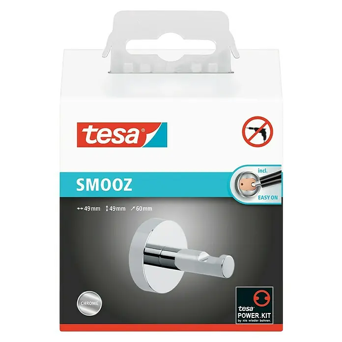 Tesa Smooz Colgador para el baño para albornoz - Cromo, Resplandeciente - Embalaje de un juego de ganchos de pared cromados Tesa SMOOZ con tecnología Power.Kit para una instalación fácil y sin taladro.