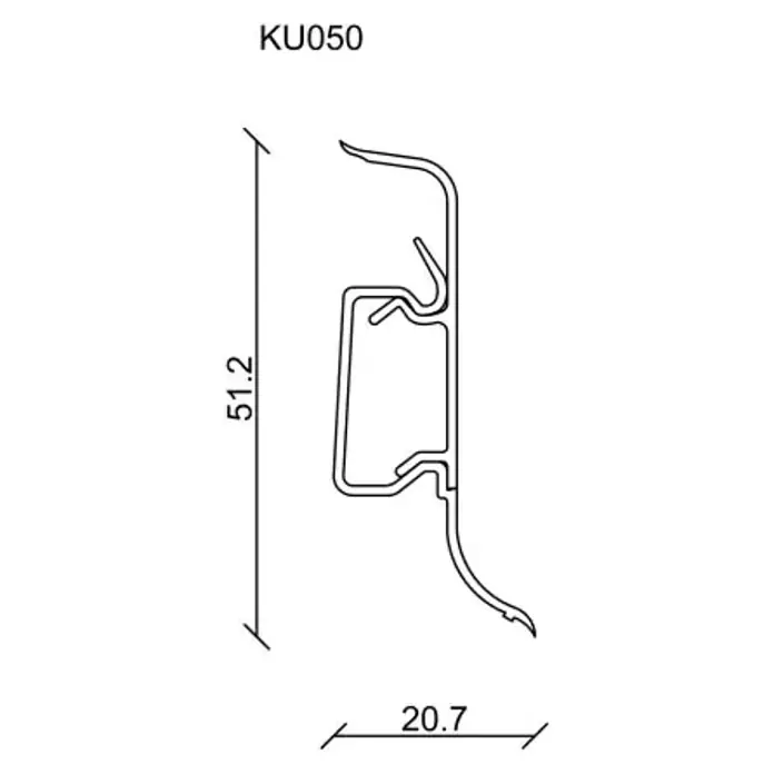Rodapié KU50 - 250 cm x 22 mm x 50 mm, Blanco - Imagen del producto del perfil KU050 con dimensiones de 51,2 mm de altura y 20,7 mm de ancho. El perfil está delineado en negro y tiene una forma única.