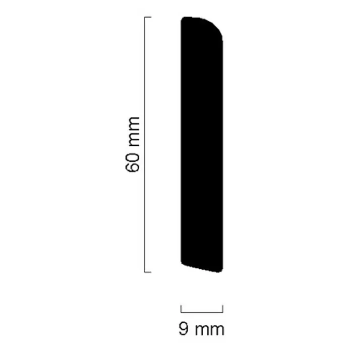 Sockelleiste - 240 cm x 9 mm x 60 mm, Lackiert, Weiß - Das Bild zeigt ein 60 mm hohes und 9 mm breites Profilstück, ideal für Verzierungen oder als architektonisches Detail.