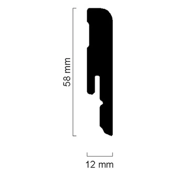 Sockelleiste FU54L - 240 cm x 12 mm x 58 mm, MDF - Profilschnittzeichnung mit den Maßen 58 mm Höhe und 12 mm Breite, die die Form und Größe des Produkts detailliert darstellt.