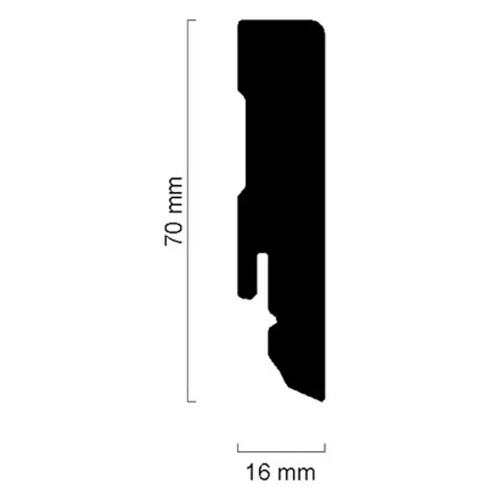 Sockelleiste FU086L - 240 cm x 16 mm x 70 mm, MDF - Profilzeichnung eines 70 mm hohen und 16 mm breiten Artikels mit komplexer Form, ideal für Design- oder Konstruktionszwecke.
