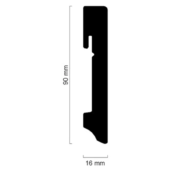 Sockelleiste FU96L - 240 cm x 16 mm x 90 mm, MDF - Profilleiste mit den Maßen 90 mm Höhe und 16 mm Tiefe. Eine detaillierte Darstellung für Bau- oder Renovierungsprojekte.