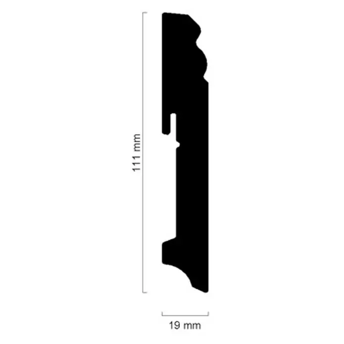 Rodapié FU94L - 240 cm x 19 mm x 111 mm, MDF, Tratamiento superficial: Revestido - Sección transversal de una moldura con dimensiones de 111 mm de alto y 19 mm de profundidad.
