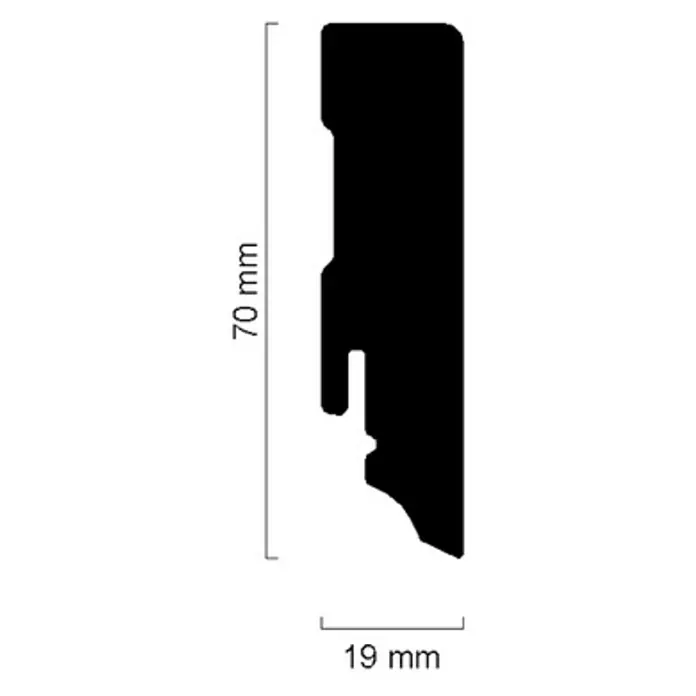 Sockelleiste FU087L - 240 cm x 19 mm x 70 mm, MDF - Profilquerschnitt mit den Maßen 70 mm Höhe und 19 mm Breite. Detailaufnahme eines Bauelements für Konstruktions- oder Designzwecke.