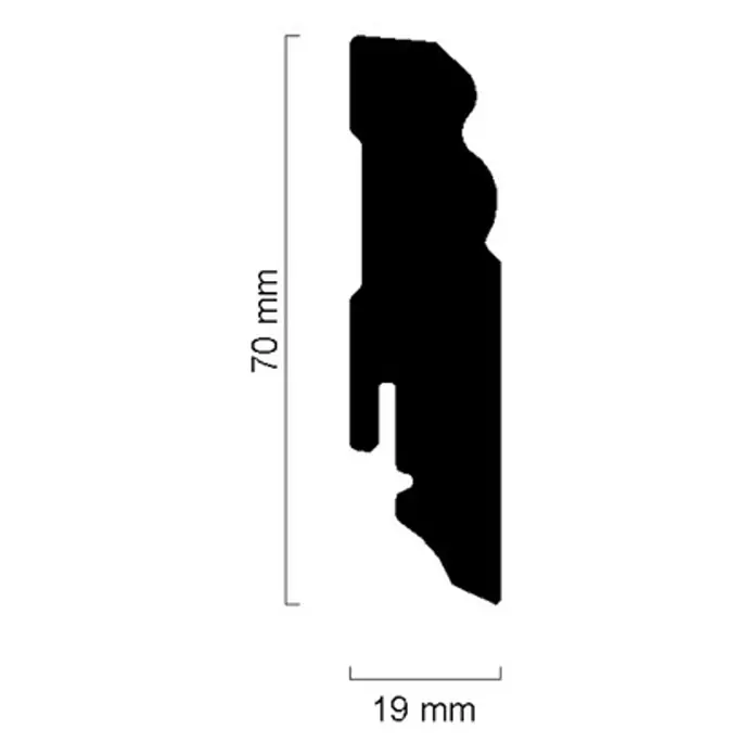 Sockelleiste FU073L - 240 cm x 19 mm x 70 mm, MDF, Oberflächenbehandlung: Lackiert - Profilschnitt einer Zierleiste mit den Maßen 70 mm Höhe und 19 mm Breite, ideal zur dekorativen Gestaltung von Innenräumen.