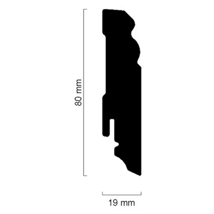 Sockelleiste FU85L - 240 cm x 19 mm x 80 mm, MDF - Profilschnitt einer 80 mm hohen und 19 mm breiten Zierleiste für den Innenausbau, ideal für stilvolle Raumgestaltung.