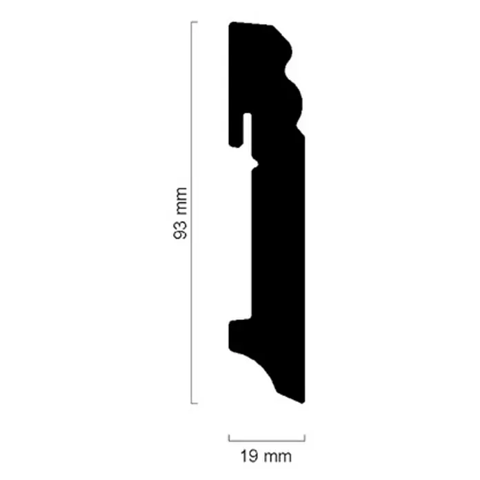 Sockelleiste FU94L - 240 cm x 19 mm x 93 mm, MDF, Oberflächenbehandlung: Beschichtet - Profilquerschnitt einer Zierleiste mit Maßen 93 mm Höhe und 19 mm Breite, ideal für Innenausbau und Dekoration.