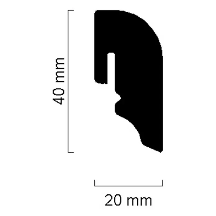 Sockelleiste FU49L - 240 cm x 20 mm x 40 mm, MDF - Profilansicht eines schwarzen Möbelelements mit den Maßen 40 mm Höhe und 20 mm Breite. Ideal für Möbelbau und Design.