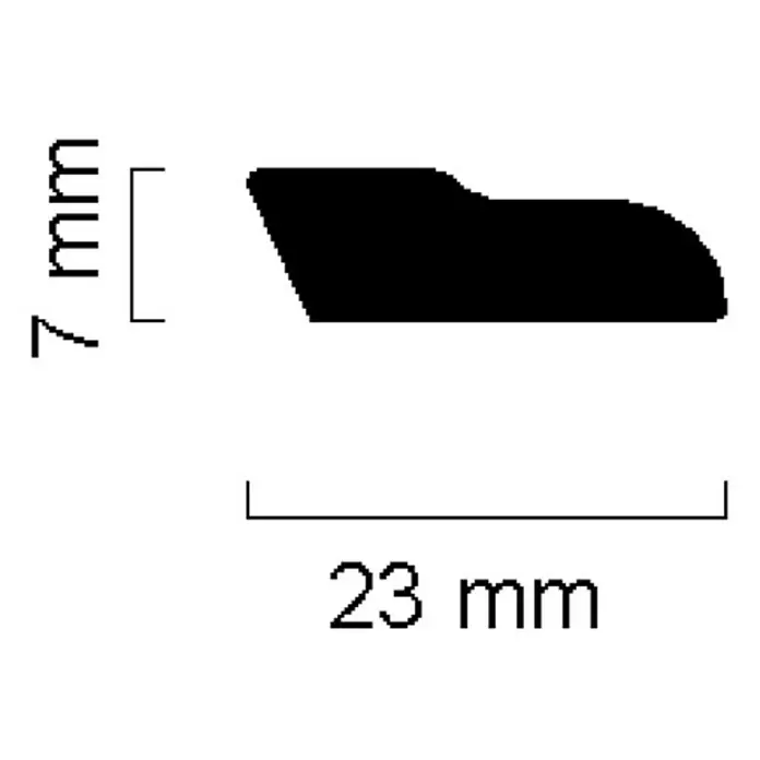 Rodapié - 240 cm x 7 mm x 23 mm, Haya, Lacado, Blanco - Sección transversal de un rodapié de 7 mm de alto y 23 mm de ancho, ideal para rematar suelos y diseño de paredes.