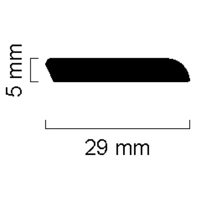 Rodapié - 240 cm x 5 mm x 29 mm, Haya, Lacado, Blanco - Representación de un objeto negro que mide 5 mm de altura y 29 mm de largo, ilustrando las dimensiones del producto.