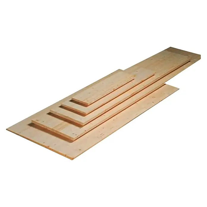 Rettenmeier Tablero de madera laminada - Abeto rojo, 2.000 x 500 x 28 mm - Pila de tableros de madera de varios tamaños, ideal para proyectos de construcción y bricolaje, presentada sobre un fondo negro.