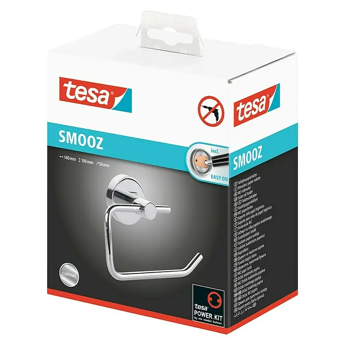 Tesa Smooz Toilettenpapierhalter - Ohne Deckel, Chrom, Glänzend - Tesa SMOOZ Toilettenpapierhalterung in Chrom-Optik, zur einfachen Montage ohne Bohren dank Power.Kit-Technologie.