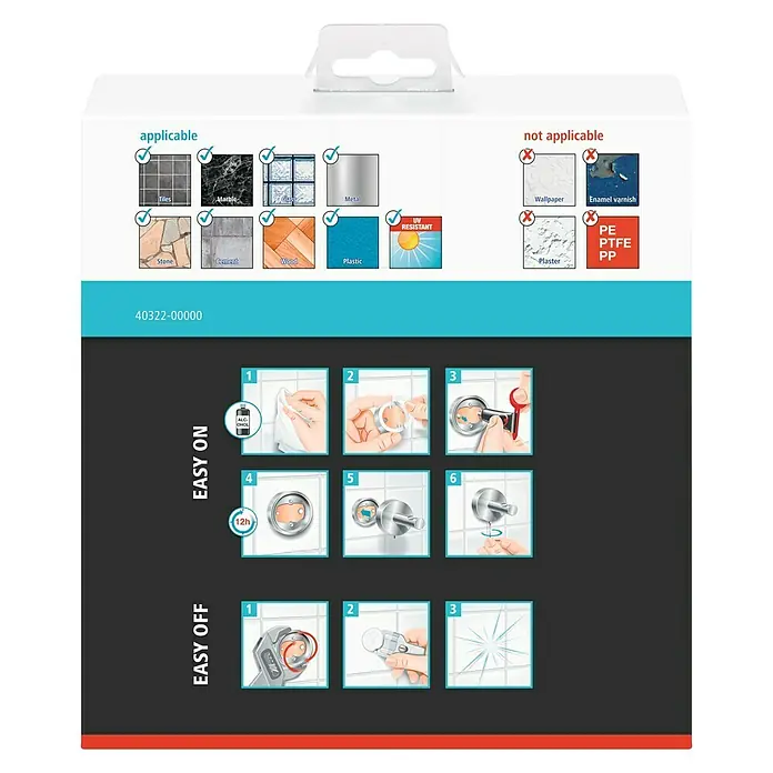 Tesa Smooz Handtuchring - Chrom, Glänzend - Installationshinweise für einen Handtuchhalter. Anwendbar auf Fliesen, Marmor, Glas, Metall, Stein, Zement, Holz und Kunststoff. Nicht anwendbar auf Tapeten und Lack.