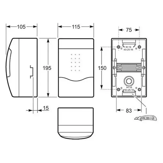 Famatel Cuadro eléctrico de superficie Nuova - Número de hileras: 1 ud., 12 x 10 cm, Blanco - Dibujo técnico de un sistema de intercomunicación para puertas con dimensiones, que muestra las medidas del producto y la disposición de montaje.