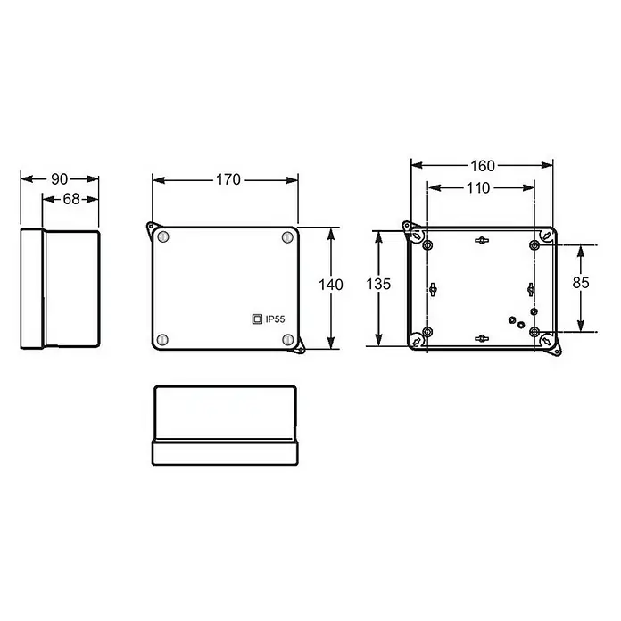 Famatel Caja de superficie - 16 x 13,5 x 8,3 cm, En pared, IP55 - Dibujo técnico de una caja de conexiones cuadrada con dimensiones, que proporciona una visión detallada de su tamaño.