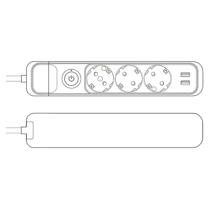 Famatel Base de enchufe múltiple - x 3, Negro, IP20, Sin interruptor - Vista superior y lateral de una regleta con interruptor, tres enchufes y puertos USB duales. Práctica para el uso diario.