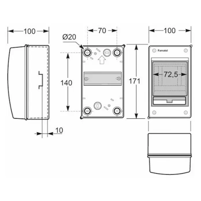 Famatel Cuadro eléctrico de superficie Aqua - Número de hileras: 1 ud., 10 x 10 cm, Blanco, Número de módulos: 2 ud. - Dibujo dimensional de una caja de distribución de superficie. El recinto tiene 100 mm de profundidad, 171 mm de altura y 70 mm de ancho, con orificios de Ø20.