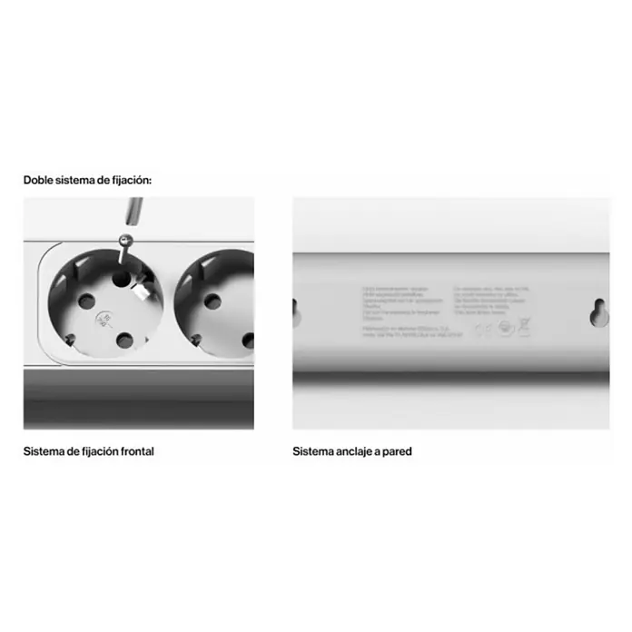 Famatel Base de enchufe múltiple - x 3, Número de enchufes Schuko: 3 ud., Blanco, IP20, Sin interruptor - Vista detallada de una regleta que muestra dos sistemas de montaje diferentes: fijación frontal y montaje en pared para opciones flexibles.