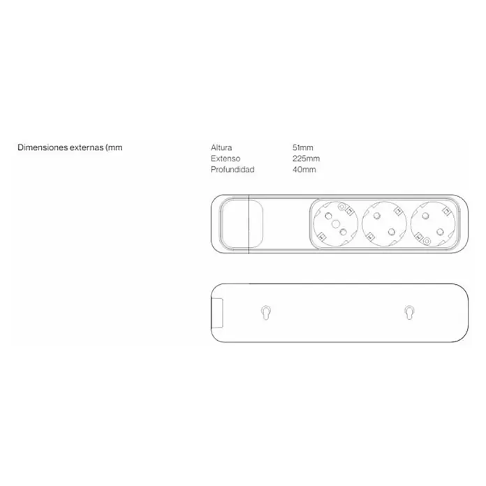 Famatel Base de enchufe múltiple - x 3, Número de enchufes Schuko: 3 ud., Blanco, IP20, Sin interruptor - Ilustración de una regleta con tres enchufes, vista superior y lateral con dimensiones.