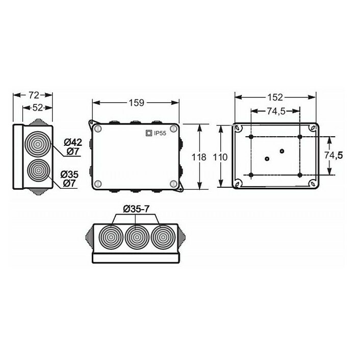 Famatel Caja de superficie para estancias con humedad con conos (L x An x Al: 15,3 x 11 x 6,3 cm, En pared, IP55)