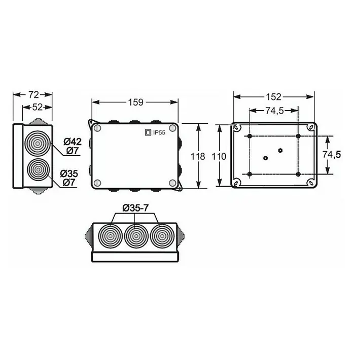 Famatel Caja de superficie con conos - L x An x Al: 15,3 x 11 x 6,3 cm, En pared, IP55 - Dibujo técnico de una caja de conexiones con dimensiones para diseño y construcción.