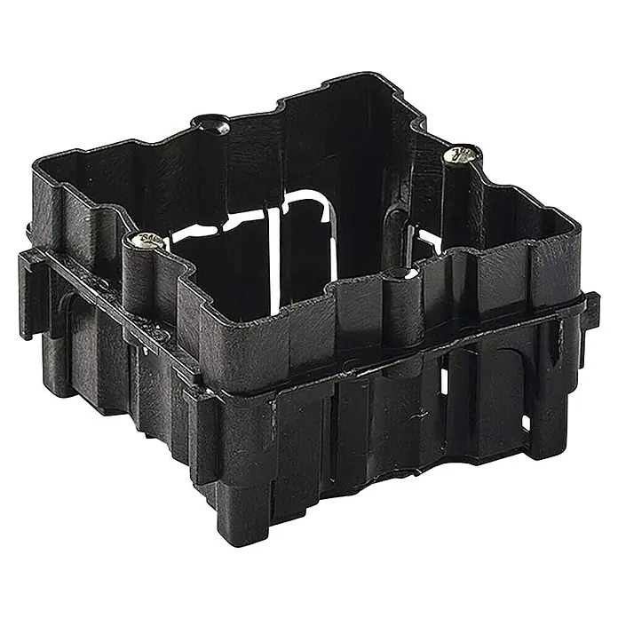 Famatel Caja de empotrar - 6,6 x 6,6 x 4,4 cm, x 4, Negro, 20 ud. - Soporte de tapa de distribuidor de plástico negro con tornillos visibles para una fijación segura.