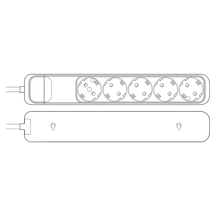 Famatel Base de enchufe múltiple - x 5, Número de enchufes Schuko: 5 ud., Blanco, IP20, Sin interruptor - Una regleta con cinco tomas y agujeros de montaje para facilitar la instalación en la pared o el suelo, asegurando un acceso cómodo.