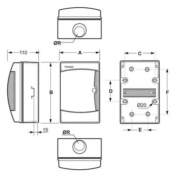 Famatel Cuadro eléctrico de superficie Aqua - Número de hileras: 1 ud., 30,7 x 10,5 cm, Blanco, Número de módulos: 12 ud. - Dibujo técnico de una caja de distribución Famatal con dimensiones para la instalación y la planificación.