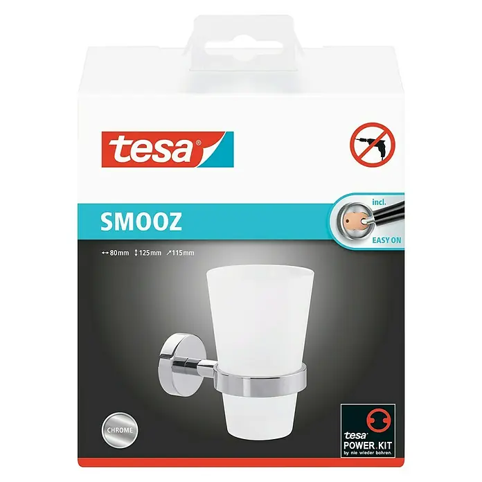 Tesa Smooz Portacepillos - Con soporte, Metal, Cromo satinado - Embalaje del vaso para cepillos de dientes cromado Tesa Smooz, con innovadora tecnología adhesiva para un montaje rápido y sencillo.