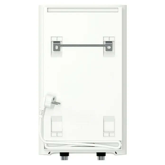Stiebel Eltron Warmwasserspeicher OFP 5 TREND - 5 l, 2.000 W, Temperaturbereich: 35 °C - 85 °C - Rückansicht des weißen Warmwasserbereiters mit Stromkabel und Anschlüssen für die Wasserversorgung, geeignet für die Wandmontage.