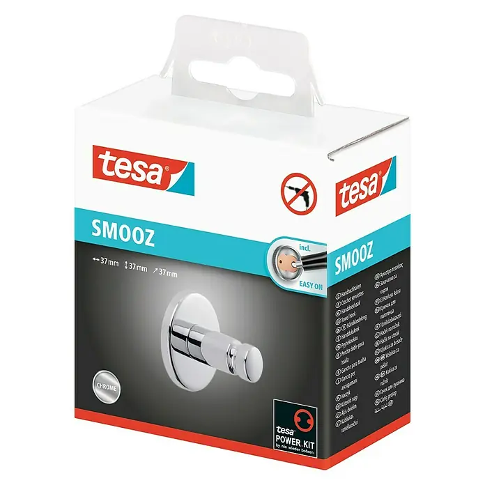 Tesa Smooz Toallero de gancho - Cromo, Brillante - El embalaje del toallero Tesa Smooz muestra una imagen del producto, detalles de tamaño e instrucciones de instalación 'Easy On'.
